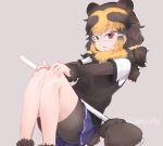 1girl animal_ears artist_name bear_ears bear_paw_hammer bear_tail black_hair blonde_hair fur_trim grey_background kemono_friends low_twintails miniskirt open_mouth red_eyes scarf simple_background sitting skirt solo spectacled_bear_(kemono_friends) sunglasses tail tatsuno_newo twintails 