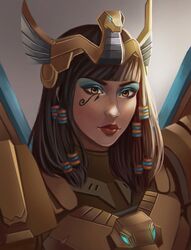  1girl alternate_costume aqua_eyeshadow asp_pharah black_hair dark_skin egyptian_clothes eyeliner eyeshadow facial_tattoo hair_tubes highres lipstick looking_at_viewer makeup medium_hair nose overwatch pharah_(overwatch) power_armor shiro-hane tattoo tiara upper_body 