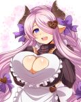  1girl :d afuro apron blush bow braid breast_suppress breasts brown_sweater doraf granblue_fantasy hair_bow hair_ornament hair_over_one_eye head_tilt heart heart_cutout heart_hair_ornament horns huge_breasts lavender_hair long_hair looking_at_viewer narumeia_(granblue_fantasy) open_mouth pointy_ears purple_bow ribbed_sweater sleeves_past_wrists smile solo sparkle sweater very_long_hair violet_eyes white_apron white_background 