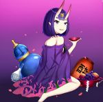  1girl :d bangs bare_shoulders barefoot blush breasts commentary_request cup fate/grand_order fate_(series) food fruit gourd gradient gradient_background grapes hair_ornament holding horns lantern looking_at_viewer looking_to_the_side off_shoulder oni oni_horns open_mouth paper_lantern petals pink_background pointy_ears purple_background purple_hair rocm_(nkkf3785) sakazuki shide short_hair shuten_douji_(fate/grand_order) sitting small_breasts smile solo violet_eyes wariza 