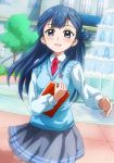  1girl :d bangs blue_eyes blue_hair book cowboy_shot fountain futa-futa grey_skirt hair_bun holding holding_book hugtto!_precure long_hair looking_at_viewer necktie open_mouth outdoors outstretched_hand precure red_neckwear school_uniform skirt smile solo sweater_vest tree yakushiji_saaya 