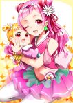  2girls ;d akira_ry0 baby blonde_hair carrying cure_yell earrings hair_ribbon heart highres hug-tan_(precure) hugtto!_precure jewelry long_hair looking_at_viewer multiple_girls navel nono_hana one_eye_closed open_mouth pink_eyes pink_hair pink_skirt precure red_ribbon ribbon shorts sitting skirt smile sparkle_background thigh-highs wariza white_legwear 