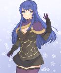  1girl adapted_costume armor azur_(pixiv_id_30192894) black_armor black_skirt blue_eyes blue_hair breasts caeda_(fire_emblem) camilla_(fire_emblem_if) camilla_(fire_emblem_if)_(cosplay) capelet cleavage cosplay cute fire_emblem fire_emblem:_mystery_of_the_emblem fire_emblem_fates fire_emblem_if fire_emblem_mystery_of_the_emblem gloves highres intelligent_systems long_hair moe nintendo parted_lips sheeda skirt smile solo thigh-highs zettai_ryouiki 