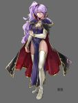  1girl absurdres bangle belly_chain black_cape boots bracelet breasts bridal_gauntlets cape choker cleavage collar daniel_deng dress earrings elbow_gloves fire_emblem fire_emblem:_seisen_no_keifu fire_emblem:_thracia_776 fire_emblem_heroes gem gloves high_heel_boots high_heels highres ishtar_(fire_emblem) jewelry large_breasts lavender_hair light_smile lips parody ponytail purple_dress shoulder_pads side_ponytail side_slit sidelocks solo thigh-highs thigh_boots thighs violet_eyes white_footwear white_gloves 