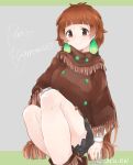  1girl artist_name brown_eyes brown_hair earrings grey_background jewelry kemono_friends long_hair orangutan_(kemono_friends) poncho scientific_name simple_background sitting solo tatsuno_newo 