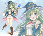  1girl alternate_costume blue_eyes blush boots bowtie crystal earrings feet frills frog green_hair hair_accessories hat kochiya_sanae long_hair nagisa3710 smile snake star straps touhou wand witch_outfit 