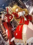  1girl aestus_estus ahoge blonde_hair blood breasts cleavage dress epaulettes fate/extra fate_(series) greaves green_eyes hair_over_one_eye highres long_hair looking_at_viewer melon22 nero_claudius_(fate) nero_claudius_(fate)_(all) see-through snow solo 