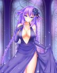  1girl absurdres bare_shoulders blue_eyes blush braid breasts commentary_request dress dress_pull elbow_gloves flower gloves hair_flower hair_ornament highres indoors kyou large_breasts long_hair looking_at_viewer mosaic neptune_(series) power_symbol purple_dress purple_gloves purple_hair purple_heart side_slit smile solo string_panties symbol-shaped_pupils twin_braids twintails very_long_hair 