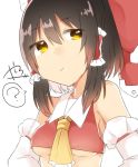 1girl ? abe_suke ascot bangs black_hair bow breasts closed_mouth commentary_request detached_sleeves eyebrows_visible_through_hair hair_between_eyes hair_bow hair_tubes hakurei_reimu looking_at_viewer red_bow sidelocks signature simple_background small_breasts solo spoken_question_mark touhou under_boob upper_body white_background yellow_eyes 