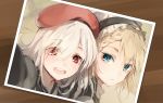  2girls bangs beret blonde_hair blue_eyes blush braid commentary_request eyebrows_visible_through_hair eyes_visible_through_hair floating_hair g36_(girls_frontline) g36c_(girls_frontline) girls_frontline grey_hair hair_over_one_eye hat jacket light_particles long_hair looking_at_viewer maid maid_headdress military military_uniform multiple_girls open_mouth parted_lips photo_(object) red_eyes shirt shuzi side_braid silver_hair smile tareme tsurime uniform white_shirt 