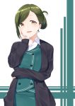  1girl absurdres asymmetrical_hair blush breast_hold breasts brown_eyes buttons cardigan folded_ponytail formal green_hair hand_on_own_cheek hand_up highres idolmaster_shiny_colors jacket long_hair looking_at_viewer nanakusa_hazuki nishinomiya_suzu office_lady open_cardigan open_clothes open_jacket open_mouth pencil_skirt purple_jacket sidelocks simple_background skirt sleeves_past_wrists solo suit tareme upper_body white_background 