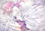  1girl bed_sheet bridal_gauntlets closed_eyes from_above guilty_crown hair_ornament long_hair low_twintails lying miniskirt on_side open_mouth pink_hair pleated_skirt purple_skirt skirt sleeping solo thigh-highs twintails white_feathers white_legwear yoma yuzuriha_inori zettai_ryouiki 