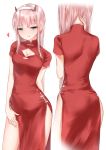  1girl :q alternate_costume aqua_eyes ass bangs blunt_bangs blush breasts cleavage cleavage_cutout closed_eyes contrapposto darling_in_the_franxx dress eyebrows_visible_through_hair from_behind hairband heart highres kanju looking_at_viewer medium_breasts multiple_views nape pink_hair red_dress short_sleeves side_slit smile standing thighs tongue tongue_out tsurime white_hairband zero_two_(darling_in_the_franxx) 