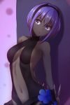  1girl :o against_wall arched_back arms_behind_back bangs bare_arms bare_shoulders between_fingers black_hairband breasts center_opening collarbone eyebrows_visible_through_hair fate/prototype fate/prototype:_fragments_of_blue_and_silver fate_(series) hairband hassan_of_serenity_(fate) head_tilt hesumi highres holding holding_weapon kunai looking_at_viewer medium_breasts navel open_mouth pink_background purple_hair revealing_clothes short_hair solo stomach upper_body violet_eyes weapon 