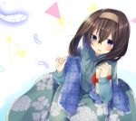  1girl abe_suke bangs brown_hair commentary_request eyebrows_visible_through_hair feathers floral_print gift hair_between_eyes hairband holding holding_gift idolmaster idolmaster_cinderella_girls long_sleeves looking_at_viewer open_mouth plaid plaid_scarf sagisawa_fumika scarf short_hair solo violet_eyes 