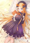  1girl abigail_williams_(fate/grand_order) absurdres bangs bed_sheet black_bow black_dress black_hat blonde_hair bloomers blue_eyes blush bow butterfly closed_mouth commentary_request dress eyebrows_visible_through_hair fate/grand_order fate_(series) frilled_pillow frills hair_bow hat highres long_hair long_sleeves looking_at_viewer lying object_hug on_back orange_bow parted_bangs pillow polka_dot polka_dot_bow sleeves_past_fingers sleeves_past_wrists solo stuffed_animal stuffed_toy teddy_bear trer_(maisuko) underwear very_long_hair white_bloomers 