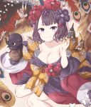  1girl bare_shoulders black_hair blush breasts cleavage commentary_request fate/grand_order fate_(series) flower hair_flower hair_ornament hairpin highres japanese_clothes katsushika_hokusai_(fate/grand_order) kimono large_breasts looking_at_viewer obi octopus sash short_hair smile yui_(seiga) 