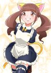  absurdres alternate_costume animal_ears animal_print apron black_dress black_thighhighs breasts brown_eyes brown_hair dress enmaided fake_animal_ears fake_tail frilled_apron frilled_dress frills healin&#039;_good_precure highres hiramitsu_hinata looking_at_viewer maid maid_apron on_kazu open_mouth precure puffy_short_sleeves puffy_sleeves short_sleeves small_breasts smile standing standing_on_one_leg starry_background tail thigh-highs tiger_print tiger_tail twintails white_apron yellow_background 