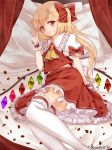  1girl artist_name ascot blonde_hair bow brooch commentary_request curtains eyebrows_visible_through_hair feet_out_of_frame flandre_scarlet frilled_shirt_collar frills hair_bow hand_up haruki_(colorful_macaron) jewelry leg_garter looking_at_viewer lying petals petticoat pillow puffy_short_sleeves puffy_sleeves red_bow red_curtains red_eyes red_skirt red_vest short_sleeves skirt smile solo thigh-highs touhou twitter_username vest white_legwear wings wrist_cuffs yellow_neckwear zettai_ryouiki 