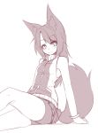  1girl animal_ears bare_shoulders bike_shorts commentary eyebrows_visible_through_hair eyes_visible_through_hair fox_ears fox_tail greyscale highres long_hair looking_at_viewer miniskirt monochrome original pleated_skirt sitting skirt sleeveless smile solo sub-res tail 