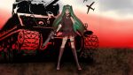  1girl aircraft artist_request assault_rifle copyright_request green_eyes green_hair ground_vehicle gun m4_sherman military military_vehicle motor_vehicle rifle shirt skirt sky tank twintails weapon 