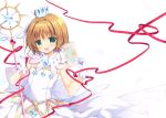  1girl :d bangs blush brown_hair card card_captor_sakura commentary_request crown eyebrows_visible_through_hair feathers gloves green_eyes hair_between_eyes head_tilt holding holding_card kinomoto_sakura looking_at_viewer mini_crown open_mouth purinko shirt simple_background skirt smile solo sparkle standing star strapless white_background white_gloves white_shirt white_skirt yume_no_tsue 