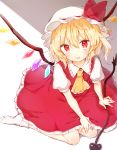  1girl :p arm_support background bent_knees blonde_hair collared_shirt commentary_request crystal flandre_scarlet hand_on_own_knee hat hat_ribbon honotai laevatein mob_cap puffy_short_sleeves puffy_sleeves red_eyes red_ribbon red_skirt ribbon shirt short_hair short_sleeves sitting skirt skirt_set solo tongue tongue_out touhou white_legwear white_shirt wings yellow_neckwear 