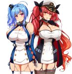  2girls :o afuro ahoge arm_guards arms_behind_back azur_lane bangs barefoot between_breasts black_cape black_ribbon blunt_bangs blush breasts brown_legwear cape chains cleavage cleavage_cutout closed_mouth collar covered_navel cowboy_shot double-breasted dress elbow_gloves eyebrows_visible_through_hair garter_straps gloves hair_ribbon hand_on_own_chest hand_up hat head_tilt honolulu_(azur_lane) huge_breasts long_hair looking_at_viewer microdress multiple_girls open_mouth orange_eyes peaked_cap pink_eyes redhead ribbon shiny shiny_skin side_ponytail sidelocks simple_background skindentation sleeveless sleeveless_dress smile st._louis_(azur_lane) standing thigh-highs twintails very_long_hair wavy_hair white_background white_dress white_gloves white_hat white_legwear zettai_ryouiki 