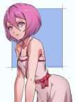  1girl bare_arms bare_shoulders breasts cowboy_shot dress from_side hair_between_eyes looking_at_viewer looking_to_the_side original parted_lips pink_eyes pink_hair sash sharp_teeth short_hair small_breasts solo standing teeth white_dress zakusi 