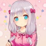  1girl :o bangs blue_eyes blush bow breasts collarbone commentary_request eromanga_sensei eyebrows_visible_through_hair hair_bow head_tilt izumi_sagiri looking_at_viewer maodouzi parted_lips pink_background pink_bow pink_pajamas pink_shirt shirt sidelocks silver_hair small_breasts solo star 