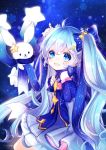  1girl :d ahoge animal bangs bare_shoulders blue_bow blue_dress blue_eyes blue_gloves blue_hair blue_ribbon blue_scarf blush bow commentary_request constellation_print dress eyebrows_visible_through_hair fingerless_gloves gloves hair_between_eyes hair_ornament hatsune_miku holding long_hair looking_at_viewer looking_to_the_side maodouzi open_mouth rabbit ribbon scarf smile snowflakes star star_hair_ornament striped striped_bow striped_ribbon twintails very_long_hair vocaloid yuki_miku yukine_(vocaloid) 