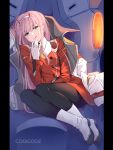  1girl absurdres aqua_eyes black_legwear boots character_name darling_in_the_franxx gloves hairband hat highres horns jacket kate_iwana long_hair pantyhose pink_hair sitting solo tongue tongue_out uniform white_gloves white_hairband zero_two_(darling_in_the_franxx) 