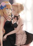  2girls absurdres after_kiss against_wall ahoge apron artoria_pendragon_(all) artoria_pendragon_(swimsuit_rider_alter) asymmetrical_docking backlighting bangs bare_shoulders bikini_top black_bikini_top black_neckwear black_ribbon black_skirt blonde_hair blue_eyes blue_flower blush braid breast_press breasts cleavage collarbone cowboy_shot curtains dress eyebrows_visible_through_hair fate/grand_order fate_(series) flower hair_bun hair_flower hair_ornament half-closed_eyes highres hug indoors jeanne_d&#039;arc_(fate) jeanne_d&#039;arc_(fate)_(all) leaning_forward light_particles long_hair medium_breasts miniskirt multiple_girls neck_ribbon open_mouth pink_flower pleated_skirt primamiya profile raised_eyebrows ribbon saliva saliva_trail short_hair single_braid skirt sleeveless sleeveless_dress spaghetti_strap standing tongue tongue_out very_long_hair waist_apron yellow_eyes yuri 