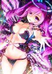  1girl akine_(kuroyuri) bare_shoulders bemani breasts cat_ear_headphones collarbone commentary_request eyebrows_visible_through_hair gradient_eyes headphones highres long_hair looking_at_viewer medium_breasts multicolored multicolored_eyes navel outstretched_hand pink_hair rasis revealing_clothes solo sound_voltex stomach thigh_gap thighs twintails violet_eyes 