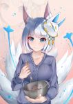  1girl alternate_costume animal_ears azur_lane bangs blue_eyes blush bowl breasts casual commentary_request dust_(394652411) eyebrows_visible_through_hair eyeshadow fox_ears fox_tail highres holding holding_bowl kaga_(azur_lane) long_sleeves looking_at_viewer makeup mask mask_on_head medium_breasts ribbed_sweater short_hair solo stirring sweater tail upper_body whisk white_hair zoom_layer 