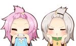  2girls alternate_hairstyle blue_shirt blush chibi closed_eyes collared_shirt eyebrows heart komeiji_koishi komeiji_satori multiple_girls pink_hair shirt smile touhou twumi white_hair wide_sleeves yellow_shirt 