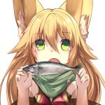  1girl animal_ears bangs blonde_hair commentary_request eyebrows_visible_through_hair fish fox_ears green_eyes green_scarf haik hair_between_eyes hands_up holding long_hair looking_at_viewer open_mouth original scarf simple_background solo upper_body white_background 