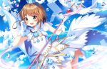  1girl :d bangs blue_sky blush brown_hair bubble card_captor_sakura clouds commentary crown day dress eyebrows_visible_through_hair gloves green_eyes holding holding_staff kinomoto_sakura mini_crown open_mouth outdoors shoes short_hair_with_long_locks sky smile solo squchan staff white_dress white_footwear white_gloves yume_no_tsue 