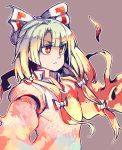  1girl anarogumaaa bangs bow brown_background brown_eyes closed_mouth commentary_request eyebrows_visible_through_hair fire fujiwara_no_mokou hair_bow long_hair red_eyes ribbon sidelocks silver_hair simple_background solo suspenders touhou upper_body very_long_hair white_hair 