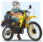  1girl bag blue_hair boots eyebrows_visible_through_hair gloves goggles goggles_on_headwear ground_vehicle hair_between_eyes helmet highres ichigotofu jacket motor_vehicle motorcycle scarf shima_rin solo suzuki_(company) violet_eyes yurucamp 