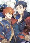 2boys blue_eyes blue_hair cape eliwood_(fire_emblem) fire_emblem fire_emblem:_rekka_no_ken fire_emblem_heroes hector_(fire_emblem) highres male_focus multiple_boys nikame open_mouth redhead short_hair smile weapon 