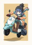  1girl aono3 bag beanie blue_hair boots fingerless_gloves gloves hat highres jacket mopen open_mouth scarf shima_rin sitting solo violet_eyes wheelie yurucamp 