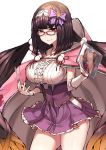  absurdres black_hair breasts cloak eruerumaccho fate/grand_order fate_(series) glasses hairband highres hood hooded_cloak large_breasts long_hair low_twintails osakabe-hime_(fate/grand_order) purple_skirt skirt stylus tablet twintails very_long_hair violet_eyes 