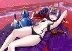  alcohol arm_up armpits bob_cut breasts cup dated fangs fate/grand_order fate_(series) food fruit gourd headpiece highres looking_at_viewer lying nosuku on_back oni_horns open_mouth petals purple_hair revealing_clothes sakazuki sake short_eyebrows short_hair shuten_douji_(fate/grand_order) small_breasts solo twitter_username violet_eyes 