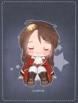  1girl ascot blush boots brown_footwear brown_hair character_name chibi closed_eyes closed_mouth facing_viewer foreign_blue girls_frontline gloves hair_ornament jacket knee_boots lee-enfield_(girls_frontline) long_hair long_sleeves military_jacket pants red_jacket sitting smile solo star white_gloves white_neckwear white_pants 