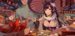  1boy 2girls admiral_(azur_lane) animal_ears atago_(azur_lane) azur_lane bangs black_gloves black_hair bowl clam_shell damiaodi dog fish frilled_sleeves frills fur_trim gloves gudetama head_out_of_frame highres holding_wallet japanese_clothes kimono lantern lobster long_hair long_sleeves looking_at_another market medal military military_uniform multiple_girls obi open_mouth oriental_umbrella paper_lantern pointing sash smile sweatdrop umbrella uniform wide_sleeves yellow_eyes 