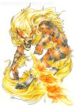  2015 arcanine breathing_fire endivinity fangs fire full_body mane no_humans pokemon pokemon_(game) pokemon_rgby realistic sharp_teeth signature simple_background solo teeth traditional_media white_background 