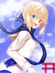  1girl ahoge aqua_eyes artoria_pendragon_(all) blonde_hair blue_ribbon blue_scarf blue_skirt blue_sky clouds day eyebrows_visible_through_hair fate/stay_night fate_(series) hair_between_eyes hair_ribbon looking_at_viewer looking_back open_mouth outdoors pleated_skirt ribbon saber scarf short_hair_with_long_locks sidelocks skirt sky skylader solo sweater torii upper_body white_sweater 