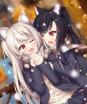  2girls ;d absurdres animal_ears azur_lane black_hair black_jacket black_skirt dog_ears eyebrows_visible_through_hair fang grey_scarf hair_between_eyes hair_ornament highres jacket long_hair miniskirt multiple_girls nail_polish one_eye_closed open_clothes open_jacket open_mouth outdoors pleated_skirt ponytail red_eyes shigure_(azur_lane) signature silver_hair skirt smile snowing sweater twintails voids white_sweater yuudachi_(azur_lane) 