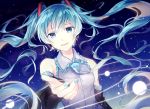  1girl blue_eyes blue_hair blue_nails blue_neckwear detached_sleeves floating_hair grey_shirt hair_between_eyes hair_ornament hatsune_miku long_hair looking_at_viewer nail_polish necktie open_mouth outstretched_arm shirt sleeveless sleeveless_shirt smile solo twintails upper_body very_long_hair vocaloid yoishi_(fuchi39) 